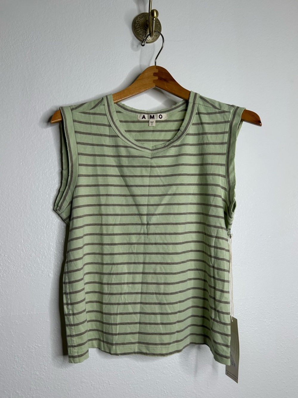 NWT AMO Sleeveless Love Tee Shirt Green Striped Size Small